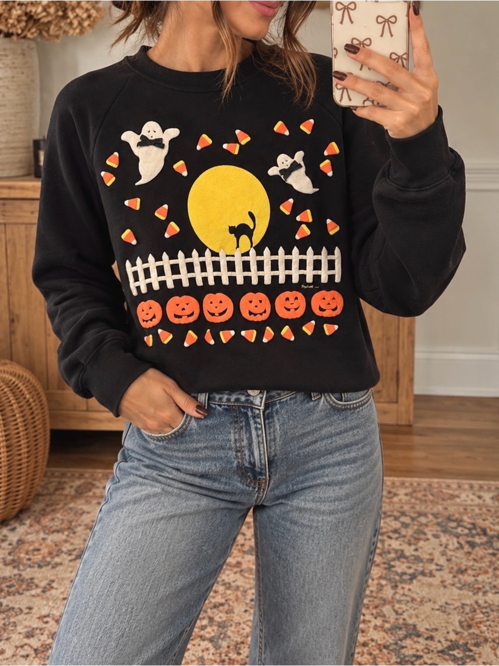 Vintage 90s PegiGoff Halloween Appliqué Sweatshirt Ghost Cat Candy Corn